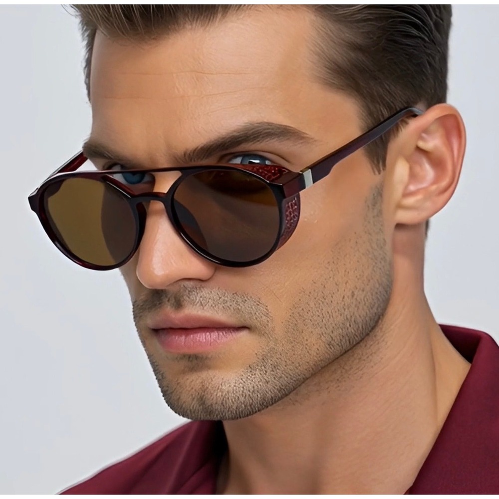 Aviator Sunglasses Brown Lens Style Side Shield‎ Round Frame Driving Glasses Men